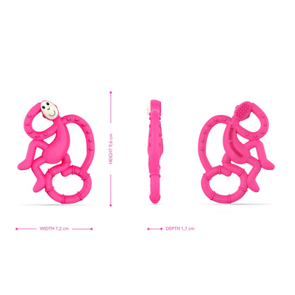 A pink baby silicone teether shown from the front, side and back, with measurement indicators displaying its height, width and depth.