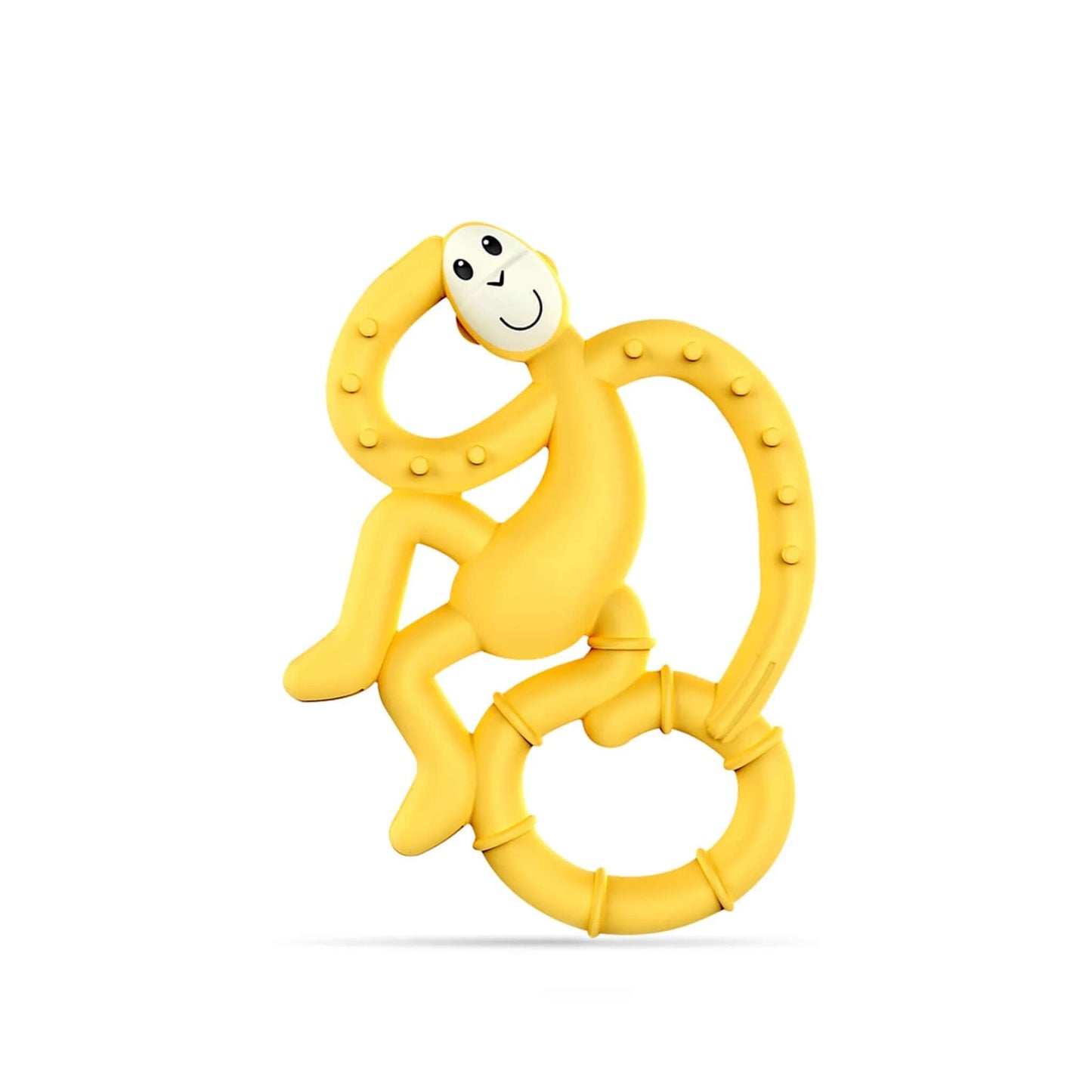 A Matchstick Monkey Mini Monkey Teether in yellow, shown upright on a plain background with its textured tail loop and easy-grip ring clearly visible.