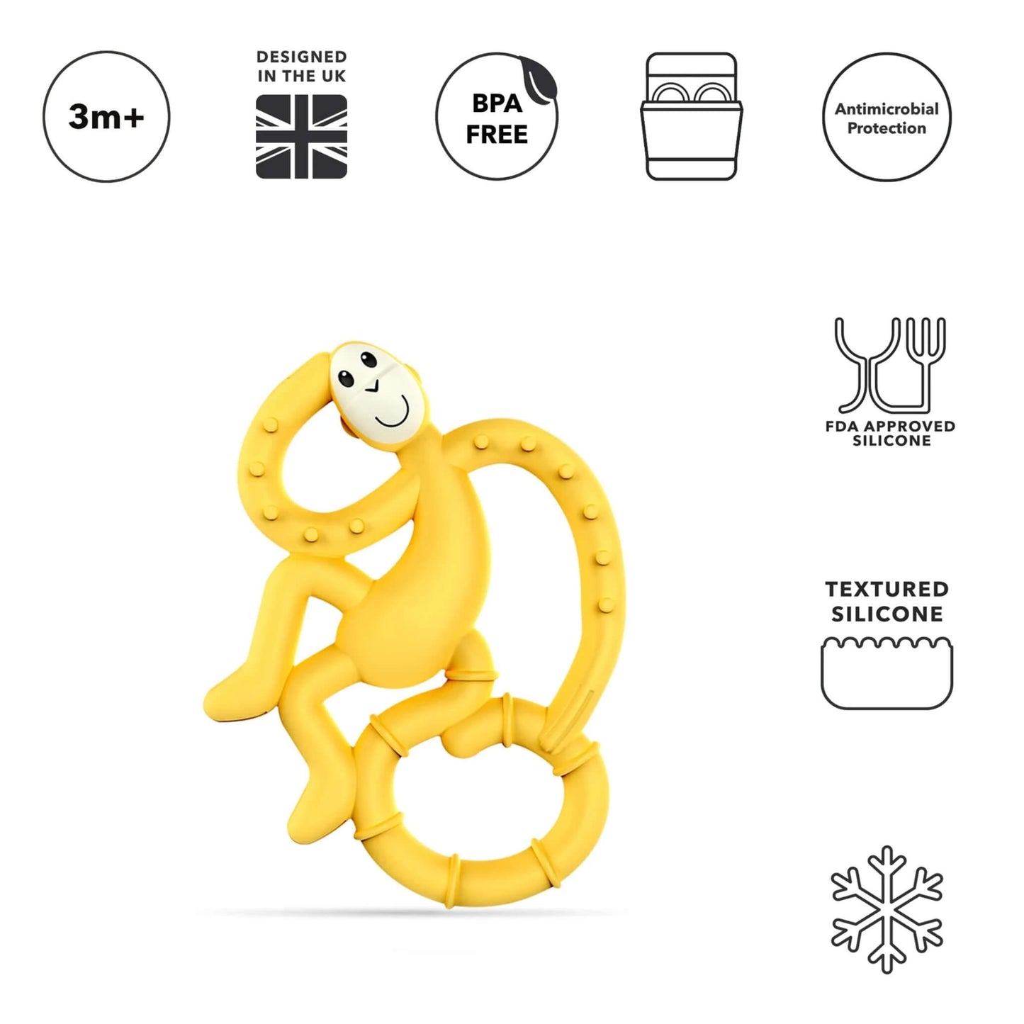 A yelllow silicone monkey-shaped teether shown beneath a row of icons indicating BPA free, antimicrobial protection, dishwasher safe design and textured surfaces.