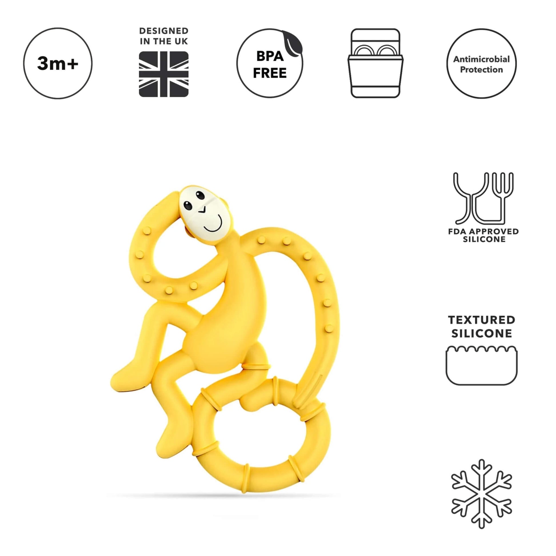 A yelllow silicone monkey-shaped teether shown beneath a row of icons indicating BPA free, antimicrobial protection, dishwasher safe design and textured surfaces.
