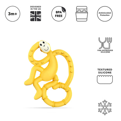 A yelllow silicone monkey-shaped teether shown beneath a row of icons indicating BPA free, antimicrobial protection, dishwasher safe design and textured surfaces.