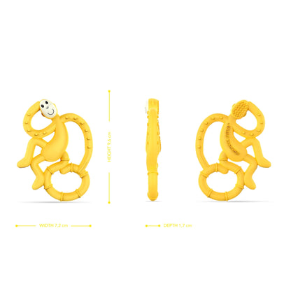 A yellow teether shown from the front, side and back, with measurement indicators displaying its height, width and depth.