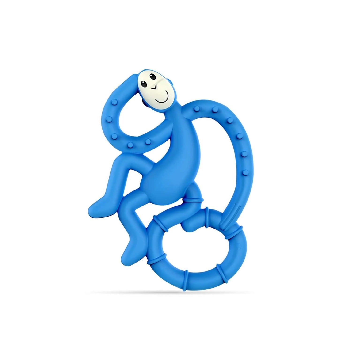 Matchstick Monkey Mini Monkey Teether in blue shown upright against a plain background, with its curved tail, textured bumps and easy-grip loops clearly visible.