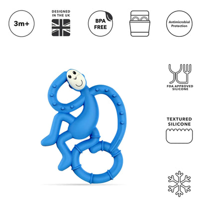 Blue monkey-shaped teether presented inside clear retail packaging with a white backing card and antimicrobial protection label.