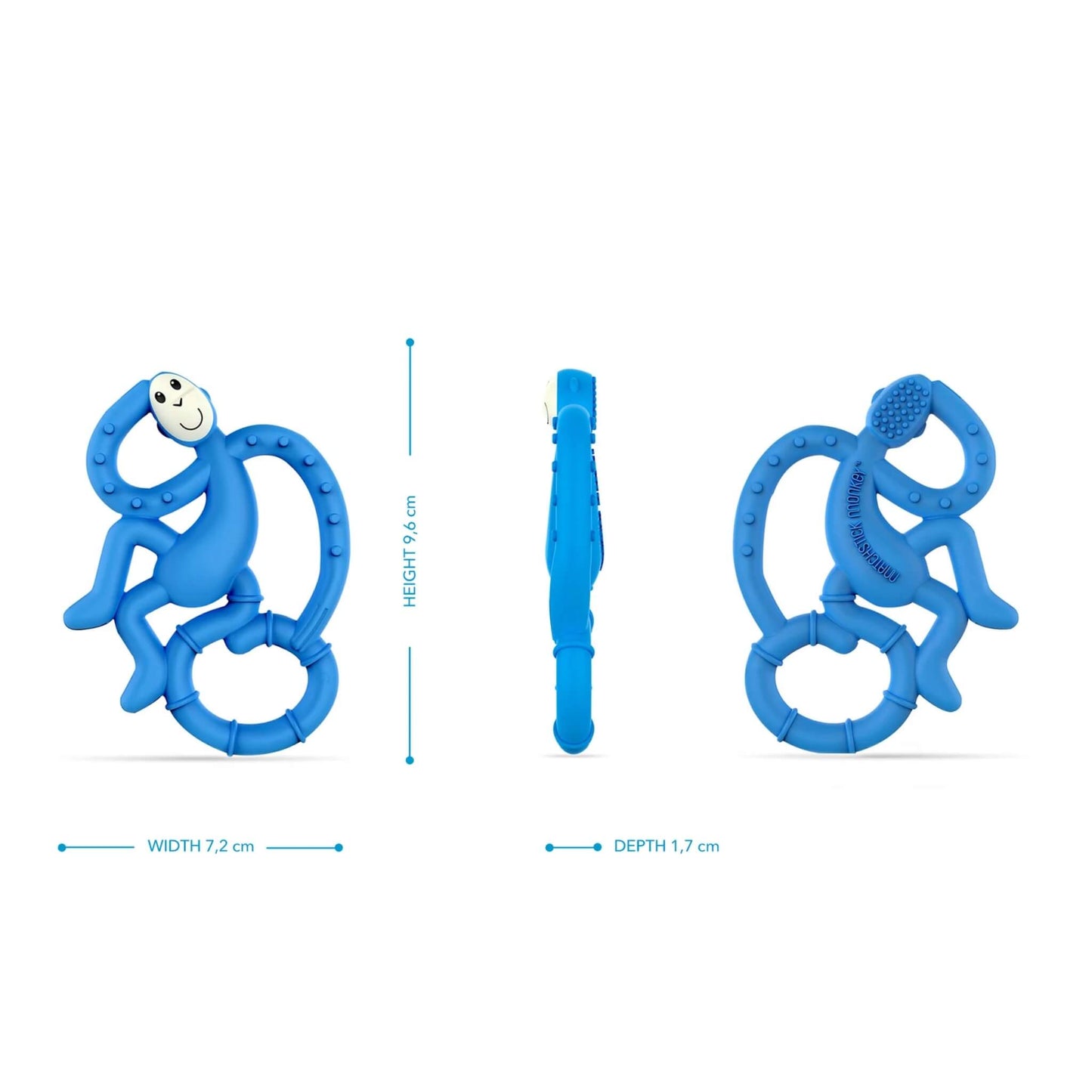 Blue monkey-shaped teether shown from the front, side and back with measurements for height, width and depth around each angle.