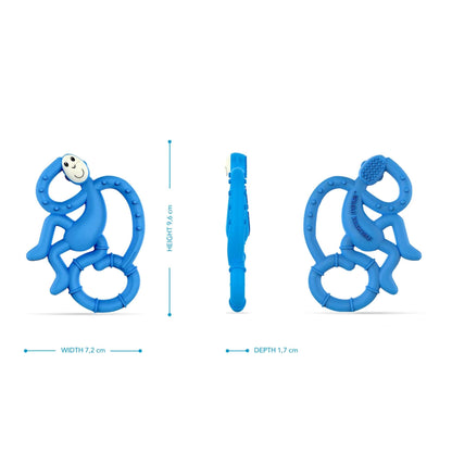 Blue monkey-shaped teether shown from the front, side and back with measurements for height, width and depth around each angle.