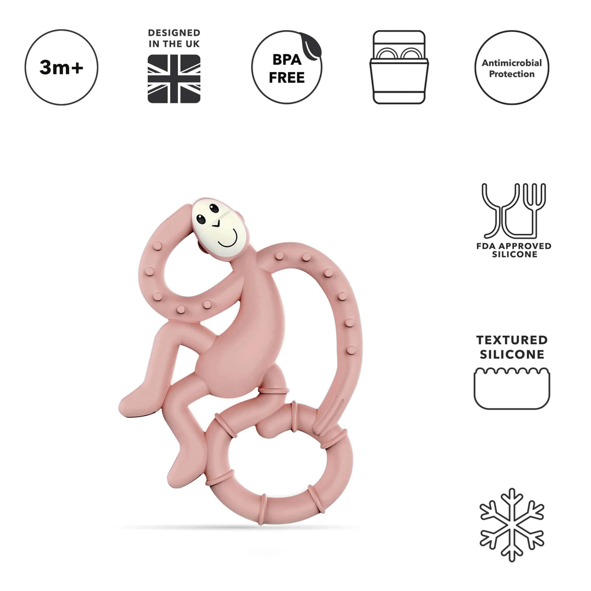 Dusty pink monkey teether shown with product icons highlighting BPA-free silicone, antimicrobial protection, textured surfaces and suitability from 3 months.