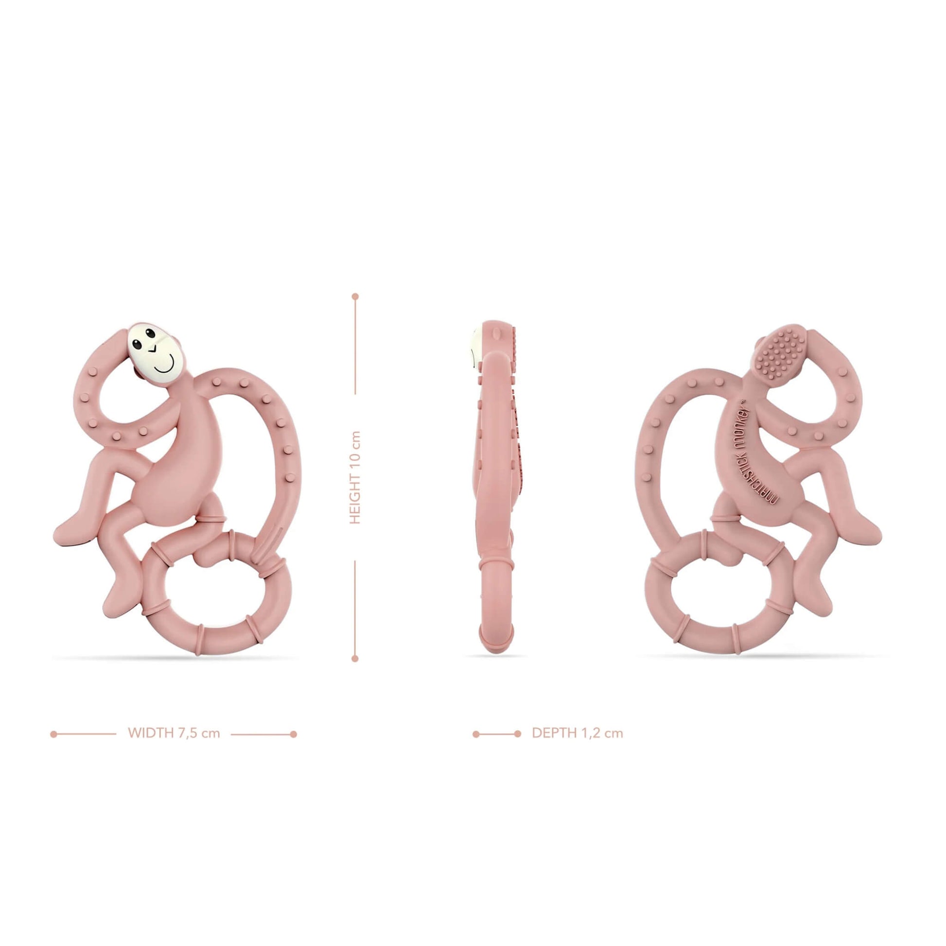 Front, side and rear views of a dusty pink monkey teether with dimensions showing 10cm height, 7.5cm width and 1.2cm depth.