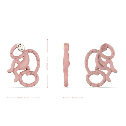 Front, side and rear views of a dusty pink monkey teether with dimensions showing 10cm height, 7.5cm width and 1.2cm depth.