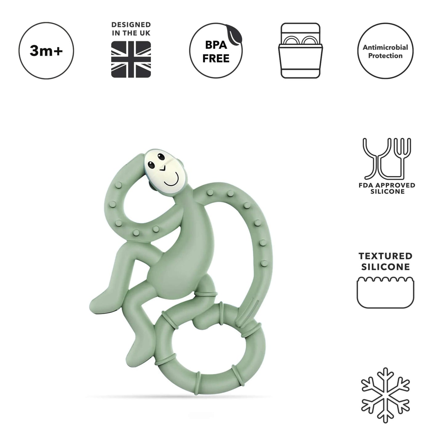 Mint green monkey teether shown with product icons highlighting BPA-free silicone, antimicrobial protection, textured surfaces and suitability from 3 months.