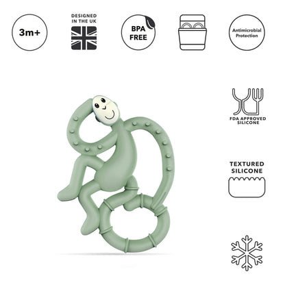 Mint green monkey teether shown with product icons highlighting BPA-free silicone, antimicrobial protection, textured surfaces and suitability from 3 months.