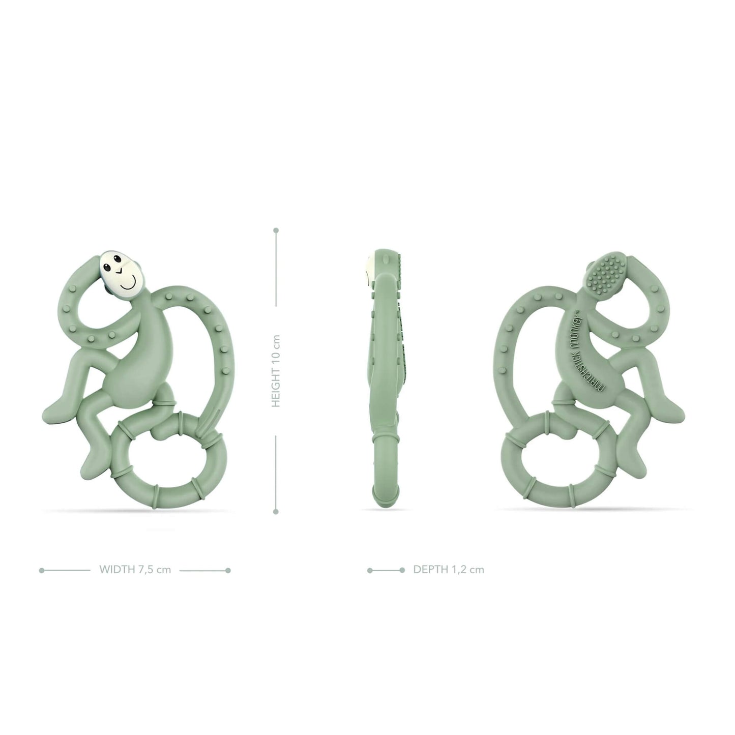 Front, side and rear views of a mint green monkey teether with dimensions showing 10cm height, 7.5cm width and 1.2cm depth.