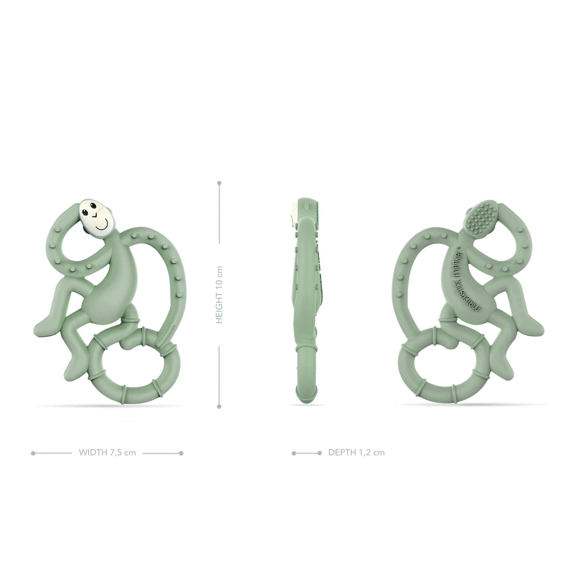 Front, side and rear views of a mint green monkey teether with dimensions showing 10cm height, 7.5cm width and 1.2cm depth.