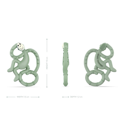 Front, side and rear views of a mint green monkey teether with dimensions showing 10cm height, 7.5cm width and 1.2cm depth.