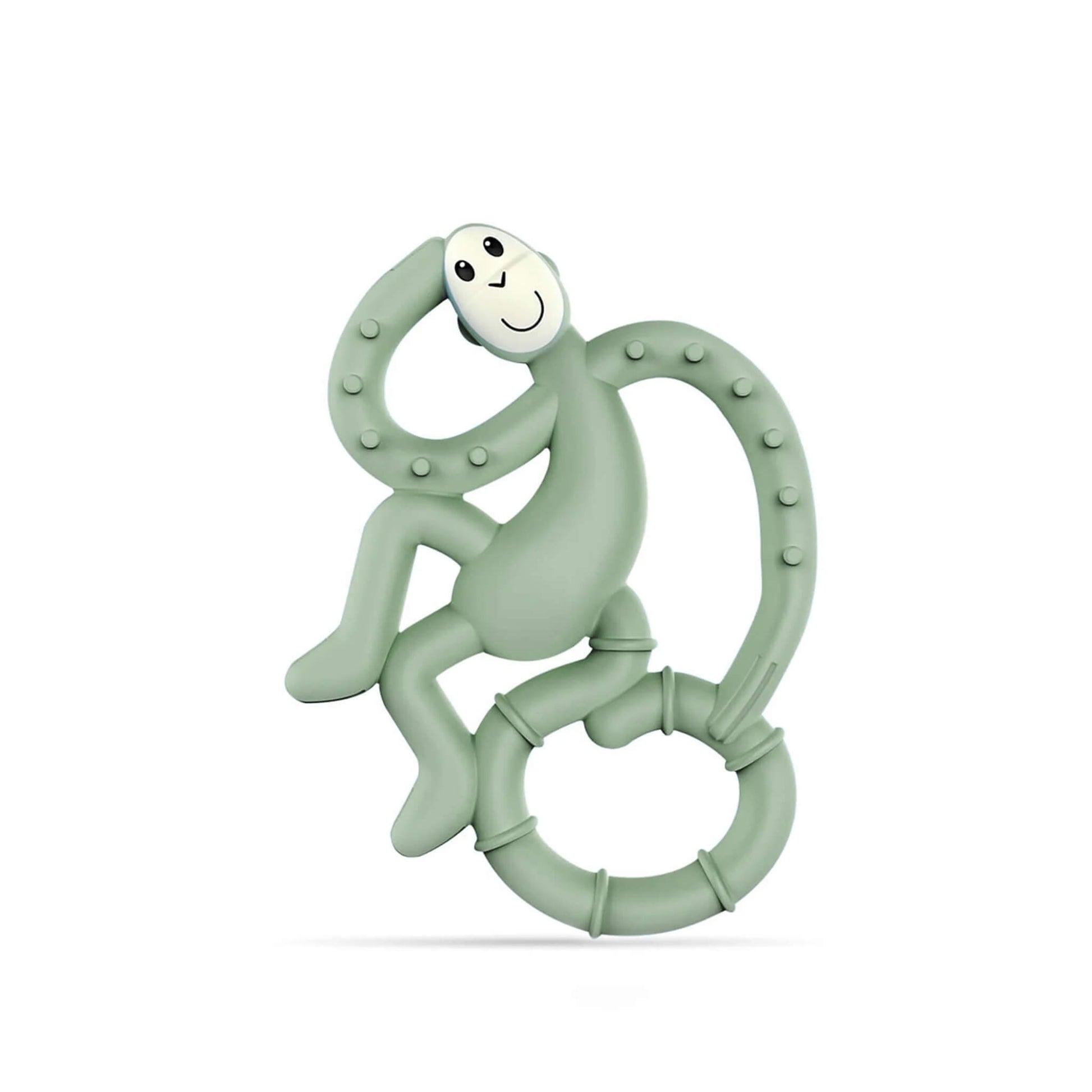 Matchstick Monkey Mini Teether in Mint Green with textured silicone surfaces, easy-grip design and smiling monkey character.