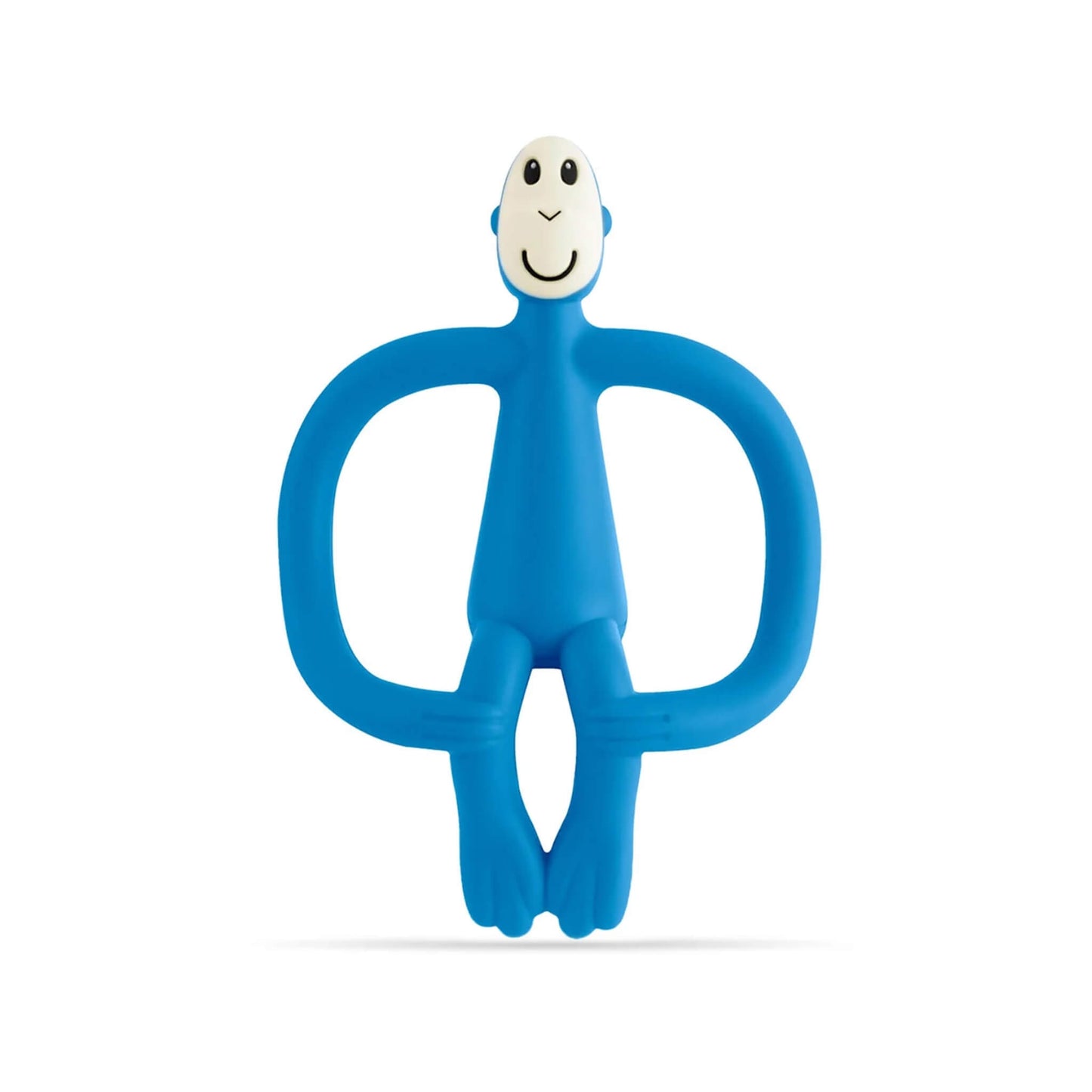 Matchstick Monkey Original Teether  Toy in blue shown upright on a white background with the easy-grip arms and flexible silicone body clearly visible.