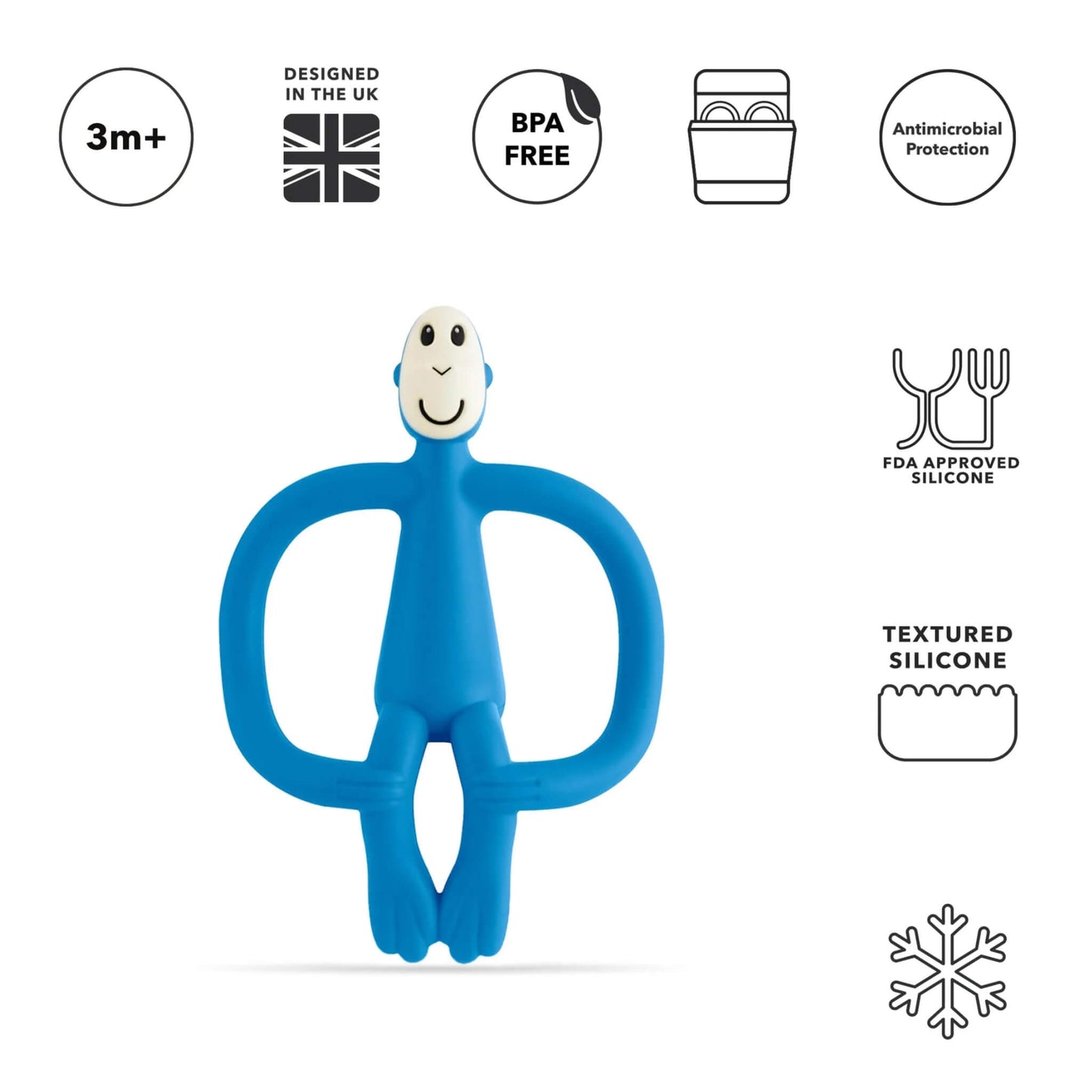 A blue silicone baby teether placed below a row of illustrated icons showing age guidance, BPA free material, antimicrobial protection and textured silicone.