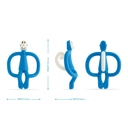 A blue teether shown from the front, side and back with measurement markers highlighting its height, width and depth.