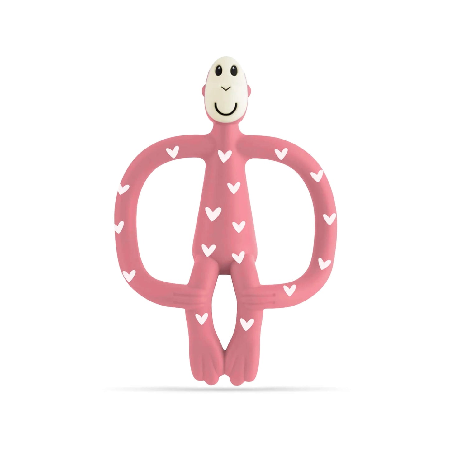 Pink silicone monkey-shaped teether with white heart pattern shown against a plain background.