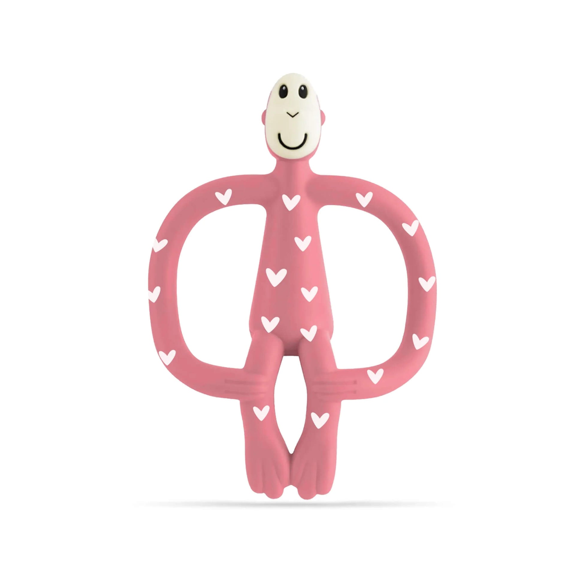 Pink silicone monkey-shaped teether with white heart pattern shown against a plain background.