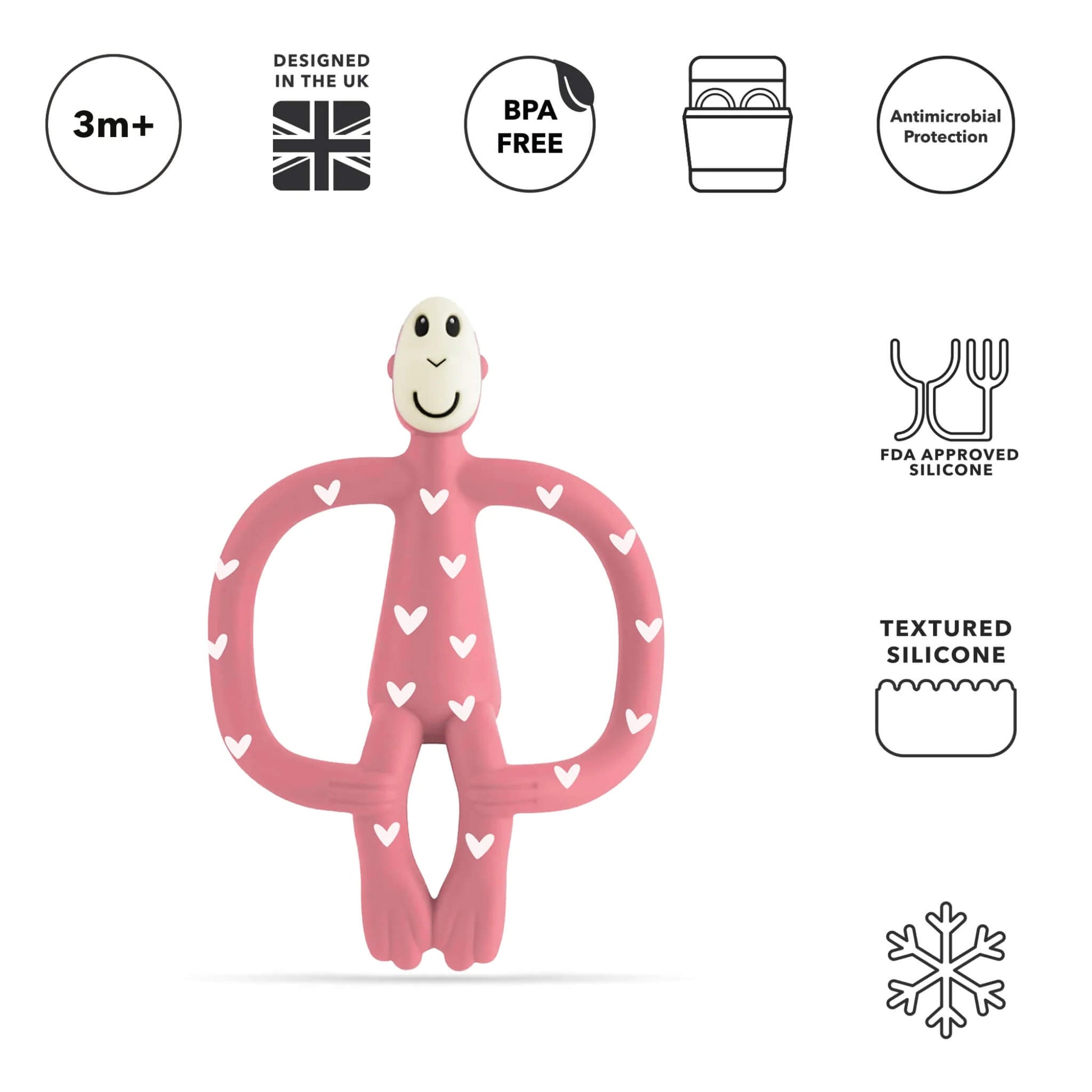 Pink monkey-shaped silicone teether surrounded by icons highlighting age suitability, BPA-free materials, antimicrobial protection and dishwasher-safe design.