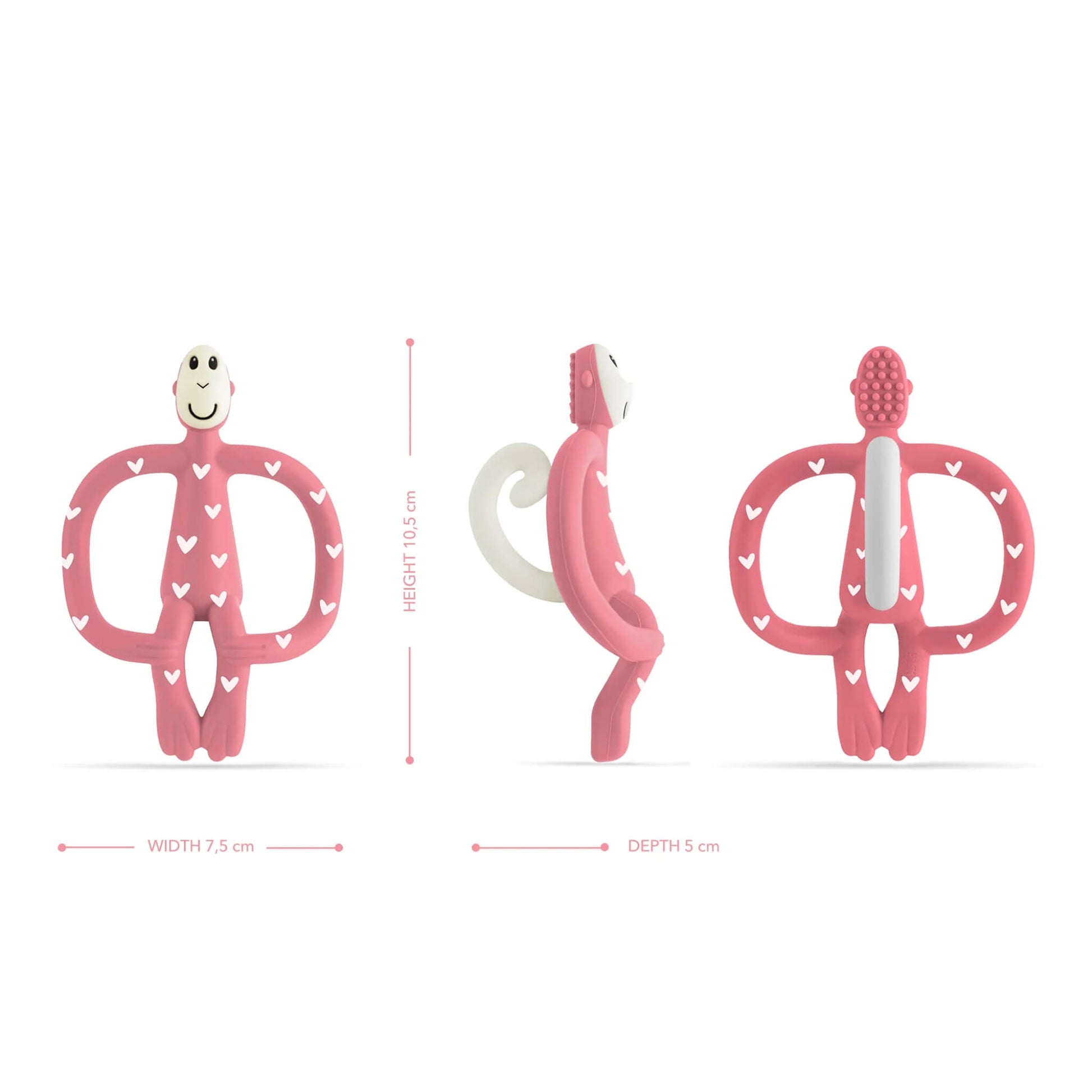 Front, side and rear views of a pink silicone teether showing textured surfaces and product dimensions.