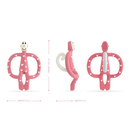 Front, side and rear views of a pink silicone teether showing textured surfaces and product dimensions.