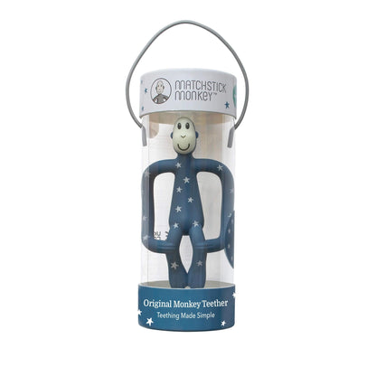Blue star-patterned silicone teether displayed inside a clear presentation tube with carry handle.