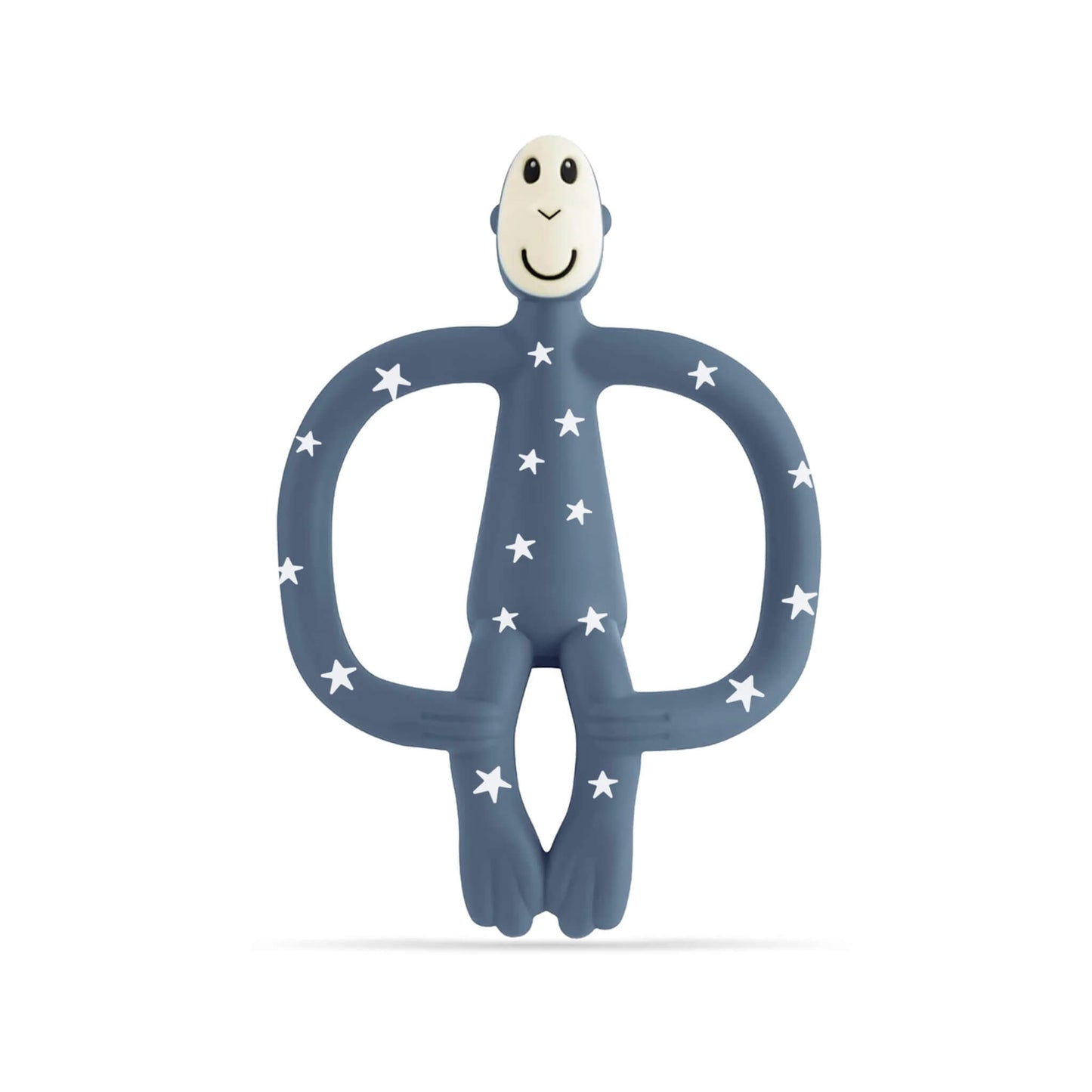 Blue silicone monkey-shaped teether with white star pattern shown against a plain background.