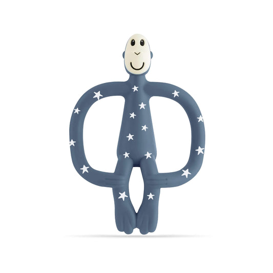 Blue silicone monkey-shaped teether with white star pattern shown against a plain background.