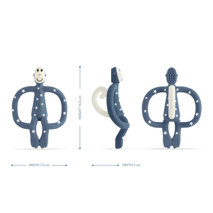 Front, side and rear views of a blue silicone teether showing textured surfaces and product dimensions.