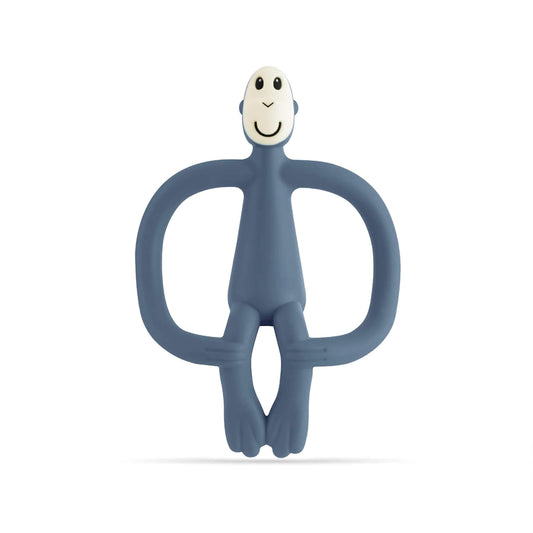 Airforce Blue Matchstick Monkey Original Teething Toy  shown upright with its wide looped arms, soft flexible legs and smooth rounded head, all made from textured silicone for teething babies.