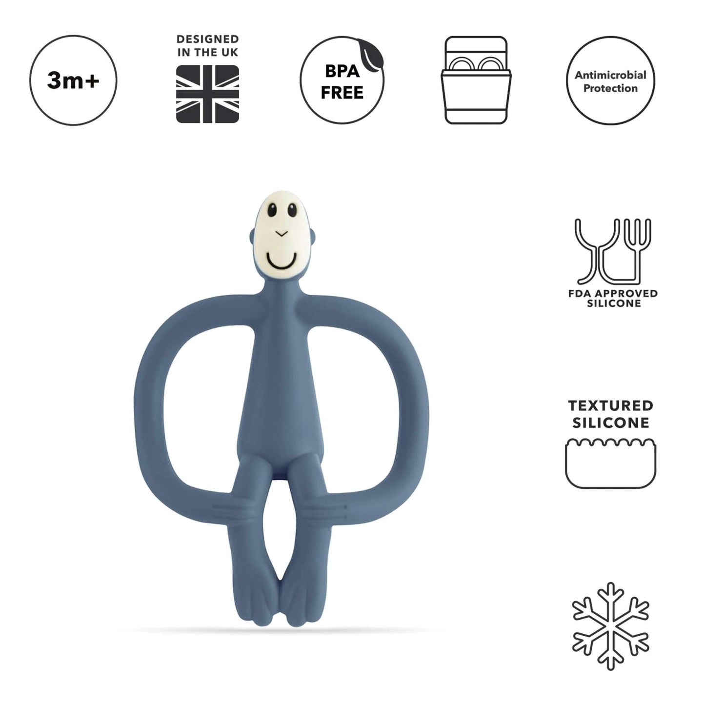 A blue silicone monkey-shaped teether shown upright beneath icons highlighting age suitability, BPA-free material, dishwasher compatibility, antimicrobial protection and textured silicone details.