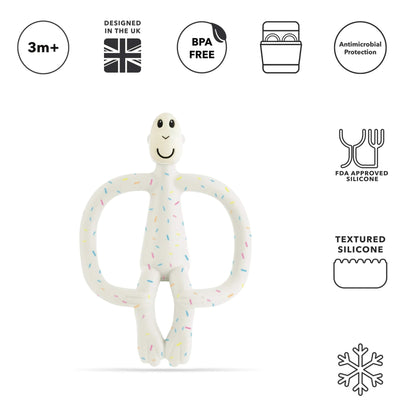 A silicone baby teether in a confetti-style design set against a white background, shown beneath icons highlighting BPA-free material, antimicrobial protection, dishwasher suitability, and textured silicone.