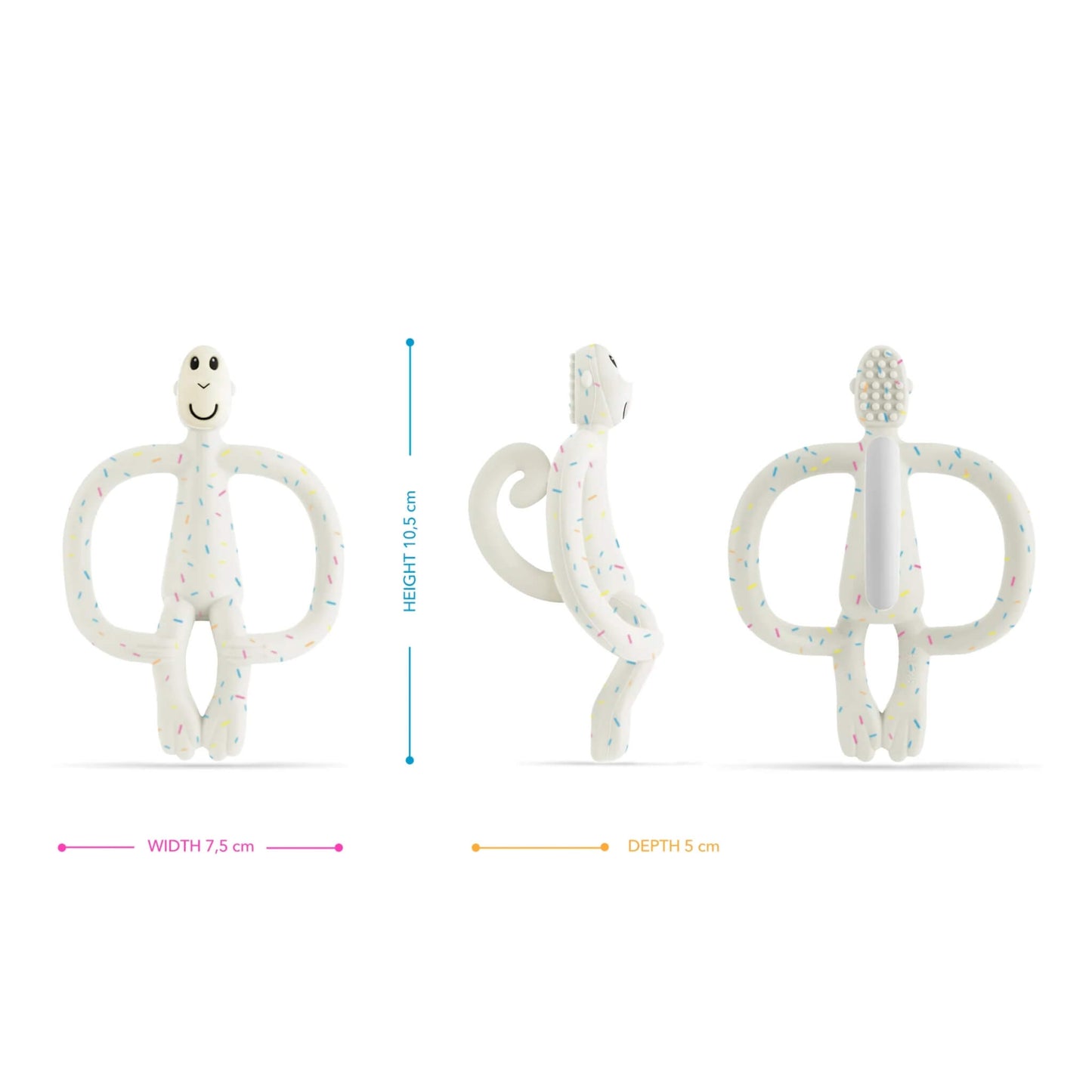 A three-angle product layout showing front, side, and back views of a speckled silicone baby teether, with measurements for height, width, and depth displayed around the images.