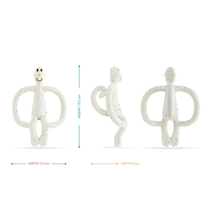 A three-angle product layout showing front, side, and back views of a speckled silicone baby teether, with measurements for height, width, and depth displayed around the images.