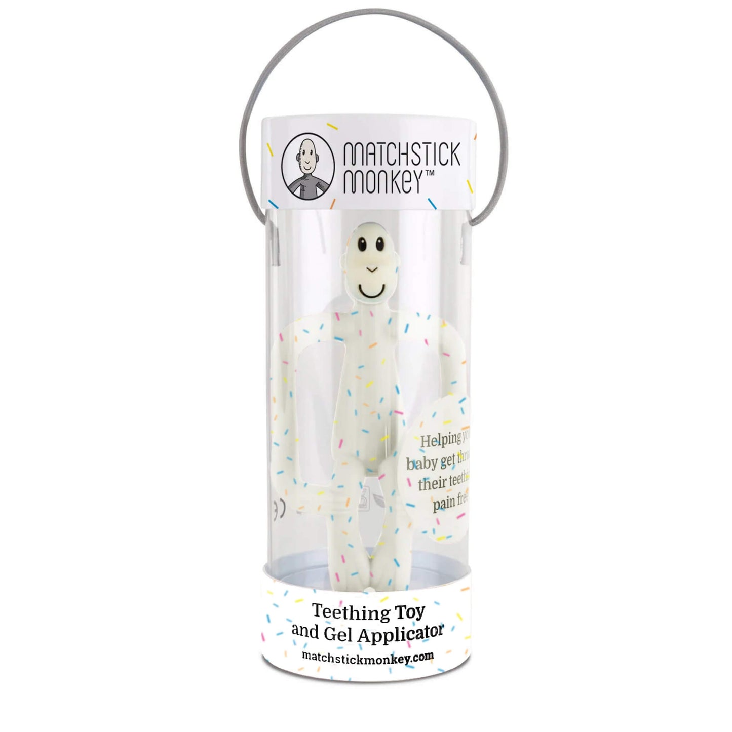 A clear cylindrical gift tube containing a speckled silicone baby teether, with a carry handle attached to the lid.
