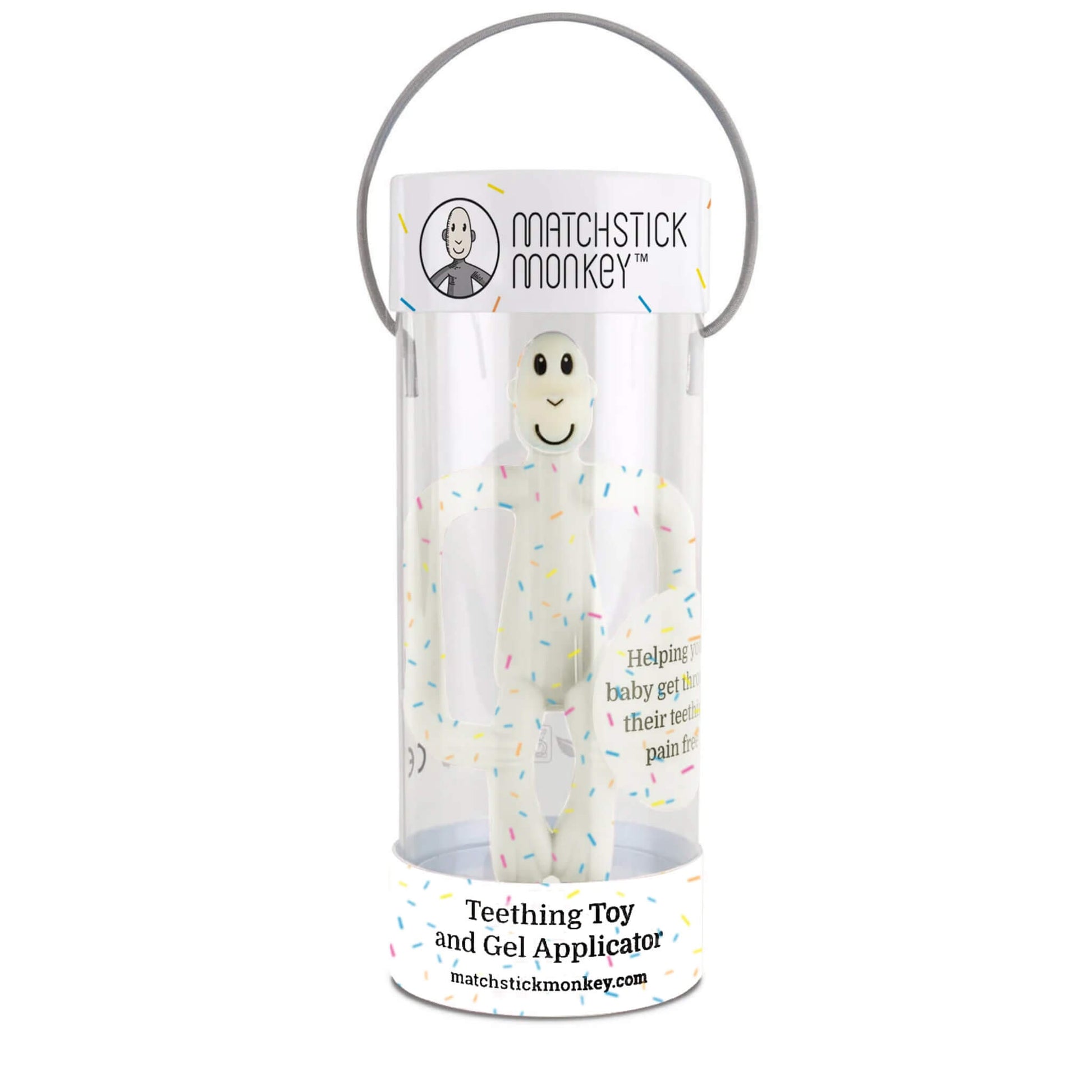 A clear cylindrical gift tube containing a speckled silicone baby teether, with a carry handle attached to the lid.