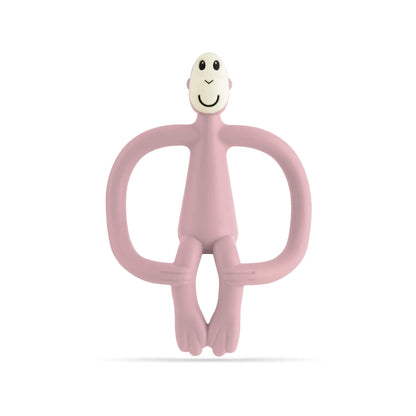 Dusty Pink Matchstick Monkey Original Teething Toy shown upright with its wide looped arms, soft flexible legs and smooth rounded head, all made from textured silicone for teething babies.