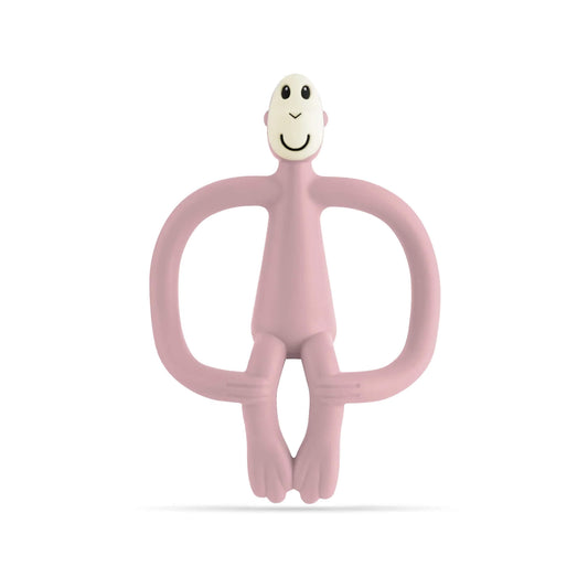 Dusty Pink Matchstick Monkey Original Teething Toy shown upright with its wide looped arms, soft flexible legs and smooth rounded head, all made from textured silicone for teething babies.