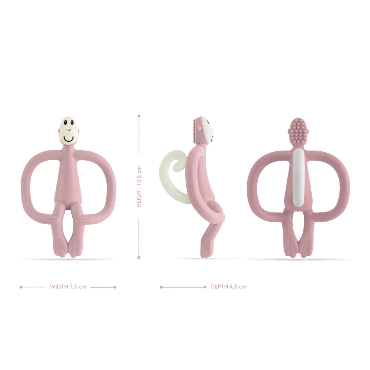 A dusty pink monkey-shaped teething toy displayed from the front, side and back to show height, width, depth and the textured toothbrush-style bumps on the back of the head.