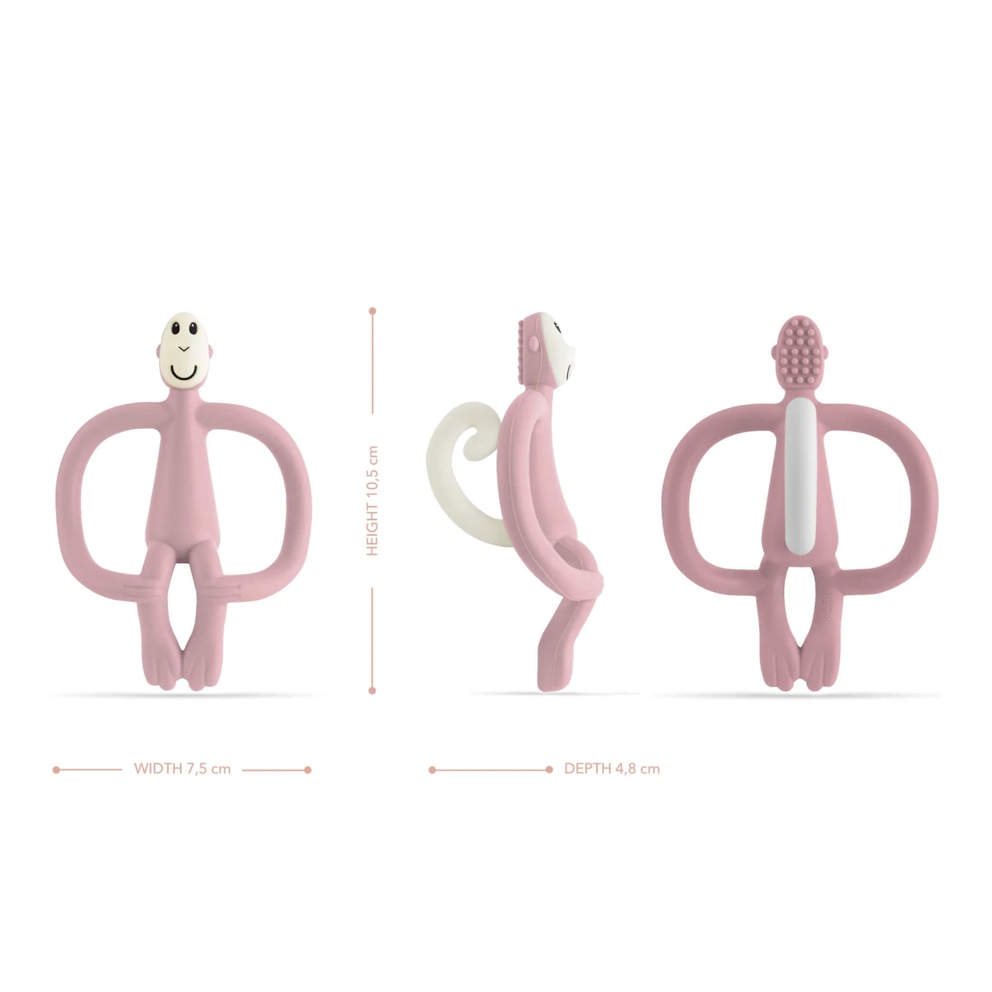 A dusty pink monkey-shaped teething toy displayed from the front, side and back to show height, width, depth and the textured toothbrush-style bumps on the back of the head.