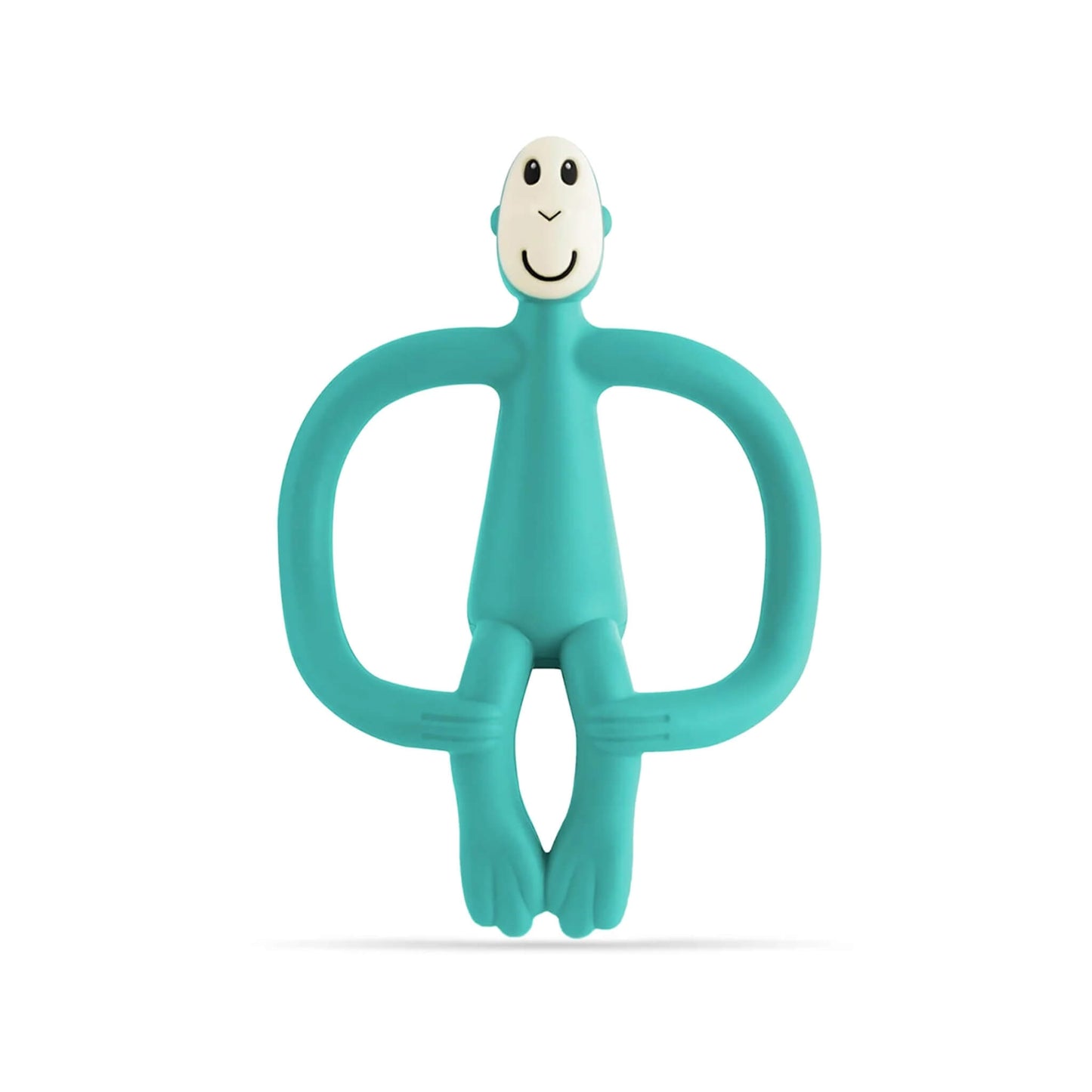 Green Matchstick Monkey Original Teething Toy shown upright with its wide looped arms, soft flexible legs and smooth rounded head, all made from textured silicone for teething babies.