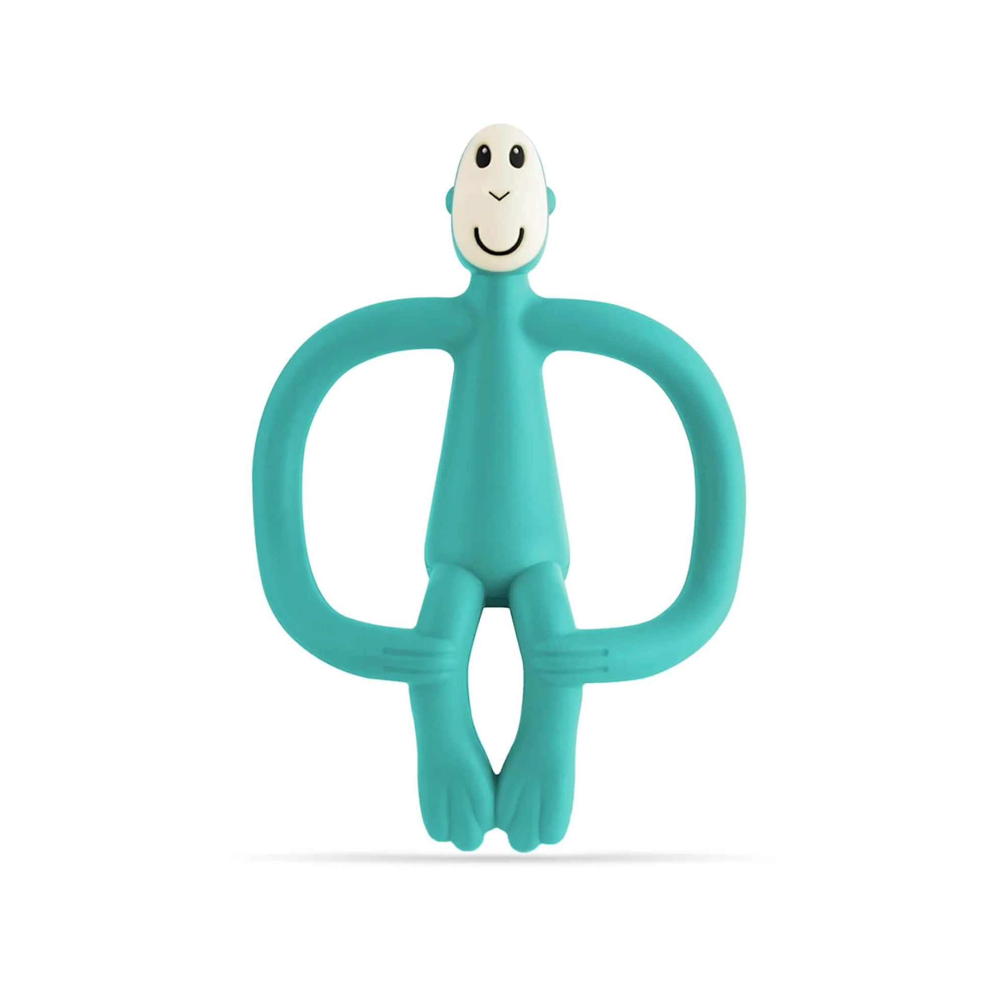 Green Matchstick Monkey Original Teething Toy shown upright with its wide looped arms, soft flexible legs and smooth rounded head, all made from textured silicone for teething babies.