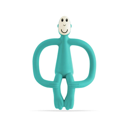 Green Matchstick Monkey Original Teething Toy shown upright with its wide looped arms, soft flexible legs and smooth rounded head, all made from textured silicone for teething babies.