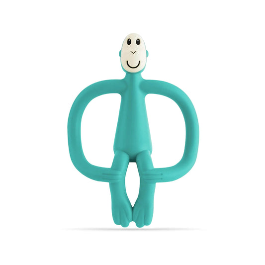 Green Matchstick Monkey Original Teething Toy shown upright with its wide looped arms, soft flexible legs and smooth rounded head, all made from textured silicone for teething babies.