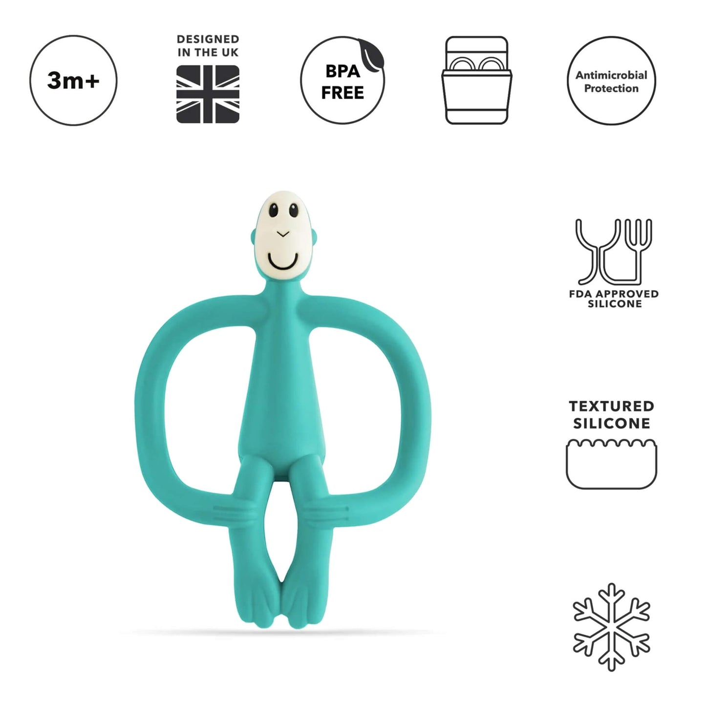 A green silicone monkey-shaped teether shown upright beneath icons highlighting age suitability, BPA-free material, dishwasher compatibility, antimicrobial protection and textured silicone details.