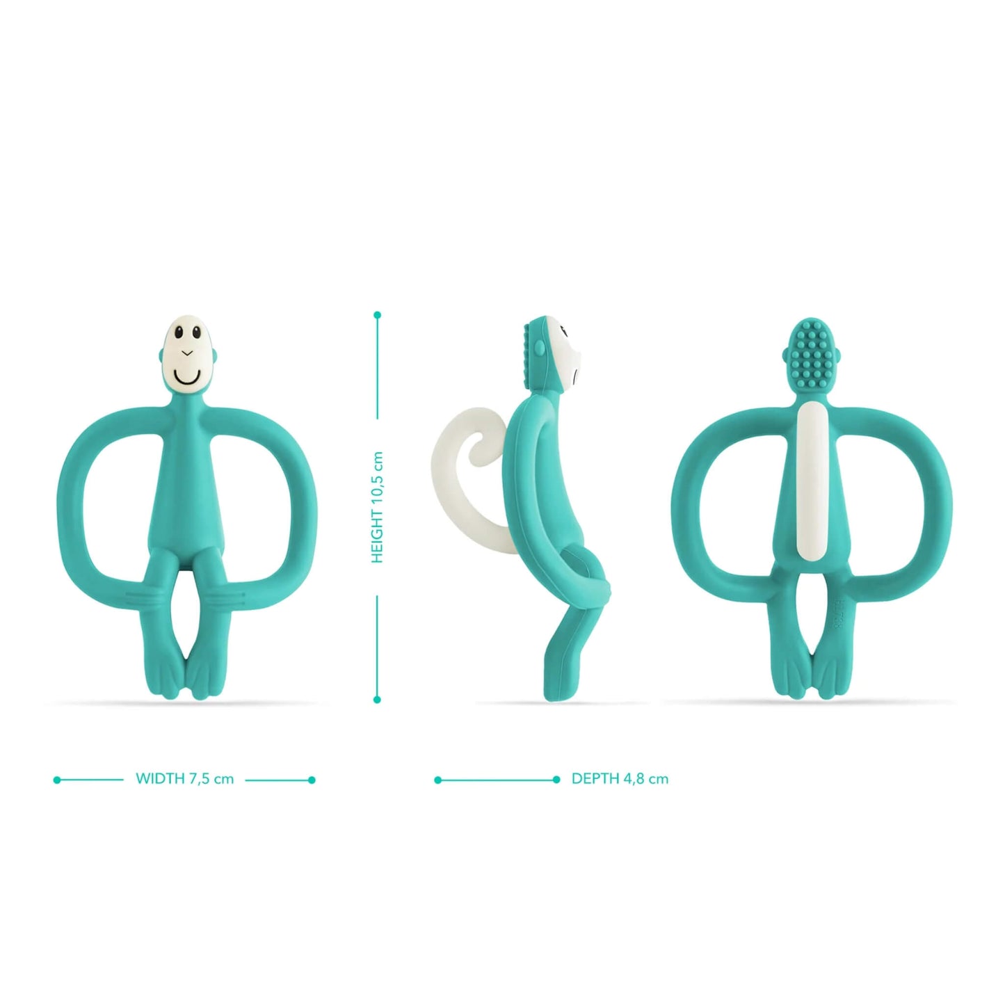 A green monkey-shaped teething toy displayed from the front, side and back to show height, width, depth and the textured toothbrush-style bumps on the back of the head.