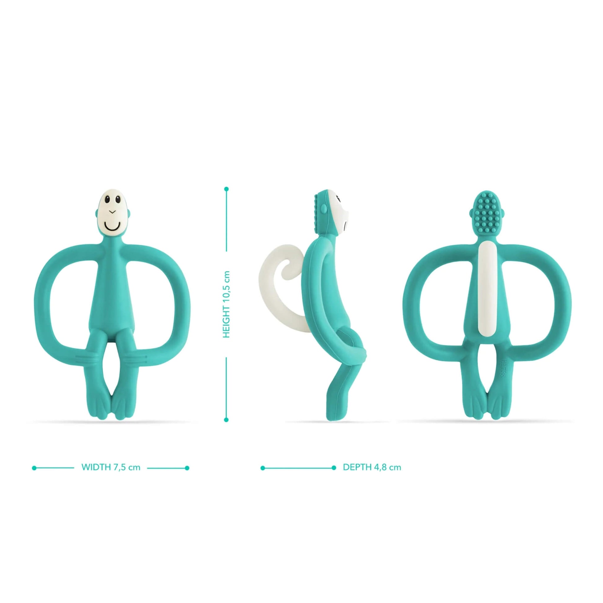 A green monkey-shaped teething toy displayed from the front, side and back to show height, width, depth and the textured toothbrush-style bumps on the back of the head.