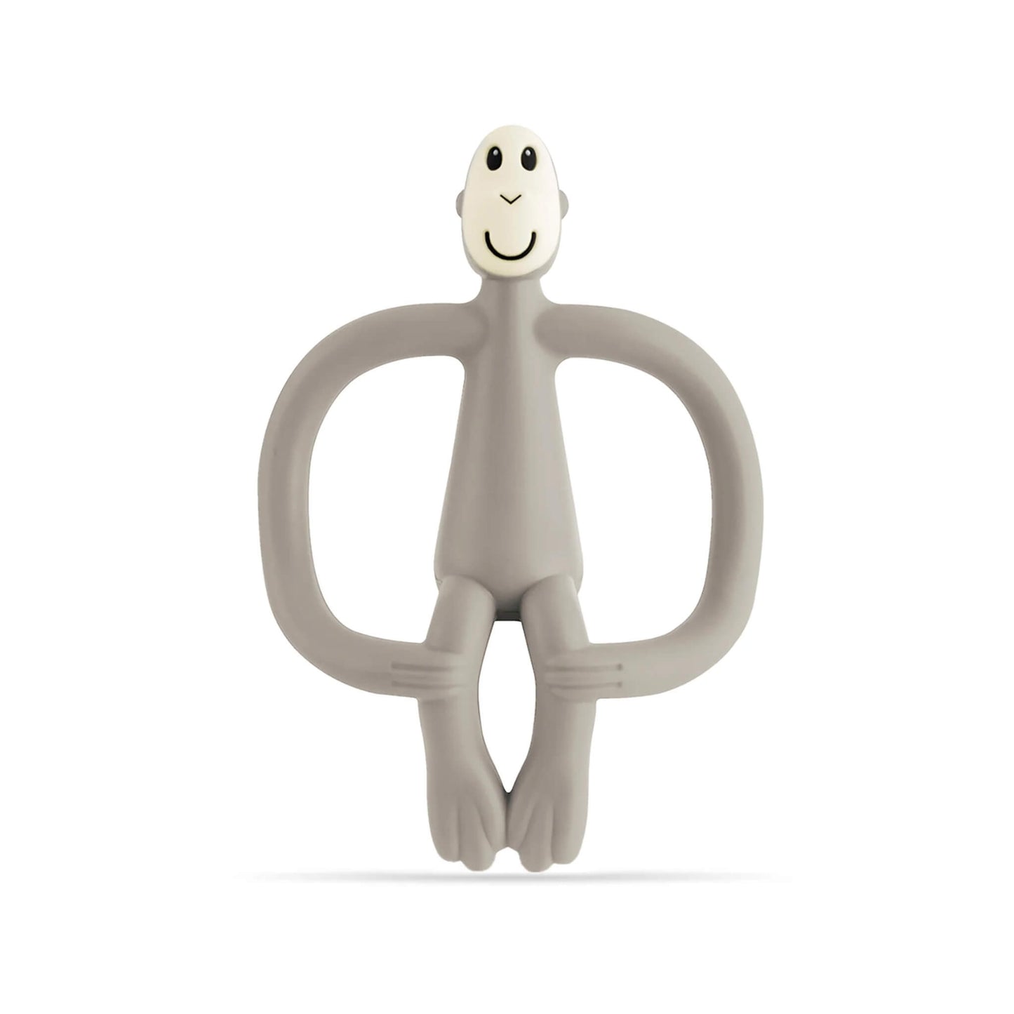 Grey Matchstick Monkey Original Teething Toy shown upright with its wide looped arms, soft flexible legs and smooth rounded head, all made from textured silicone for teething babies.